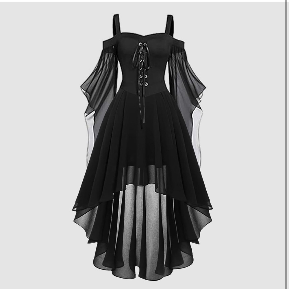 Black Off-Shoulder Lace-Up High-Low Dress